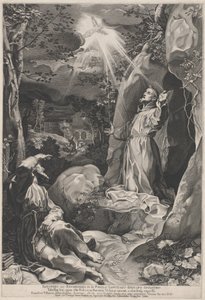 Saint Francis tar emot Stigmata av Francesco Villamena, after Federico Barocci