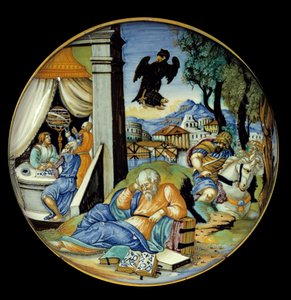 Lågbenssnitt: Allegori om ödet. Fajans. Tillverkad av Francesco Avelli Xanto (aktiv omkring 1530/1540)