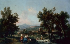 Ett skogslandskap med tvättkvinnor vid en flod (olja) av Francesco Zuccarelli