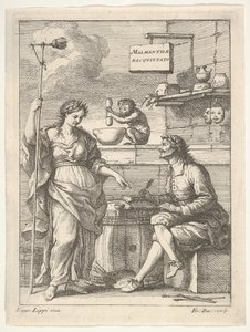 En apa som arbetar med mortel och mortelstöt, nedanför Lorenzo Lippi skriver sin humoristiska ..., ca. 1710-64. av Francesco Zuccarelli