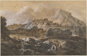 Bergigt flodlandskap med badande av Francesco Zuccarelli