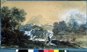 Landskap med ett vattenfall. Teckning av Francesco Zuccarelli (1702-1788). Akvarell och tusch på papper av Francesco Zuccarelli