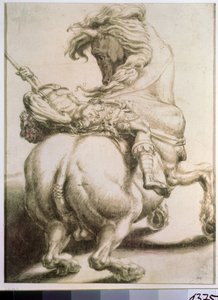Ryttare genomborrad av ett spjut. Teckning av Francesco de Rossi (1510-1563). Grisaille på papper, 20 x 15 cm