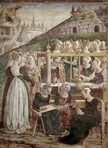 Allegori av mars, detalj av triumf Minerva med kvinnor som väver) detalj - fresk av Francesco del Cossa (ca 1436-vers 1478) Ferrara (Ferrara) Palazzo Schifanoia, Salone dei Mesi av Francesco del Cossa