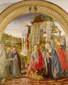 Tillbedjan av barnet av Sankt Ambrosius och Sankt Bernard (olja på panel)