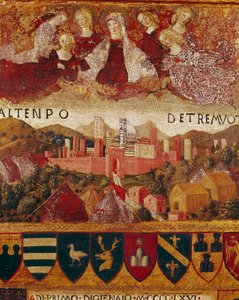Ex voto (eller ex voto): "" Jungfru Maria skyddar staden Siena vid tiden för jordbävningarna 1466-1467"" Detalj. Trämålning av Francesco di Giorgio Martini (1439-1502) som dekorerar en Biccherna (omslag till bokföringsregistret för staden Si