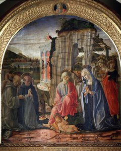Nativity med St Bernard och St thomas Aquinas - Målning
