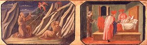 (LtoR) St. Franciskus av Assisi tar emot stigmata, SS. Cosmas och Damian botar en sjuk man; kopior av originalpaneler som utgör en del av Predella till Madonnan och barnet på tronen av Filippo Lipp av Francesco di Stefano Pesellino