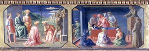 (LtoR) SS Martyrskap. Cosmas och Damian, den helige Antonius av Padua som hittar snålen hjärta; två paneler av predellan av Madonnan och barnet på tronen av Filippo Lippi (ca 1406-69) (tempera på panna av Francesco di Stefano Pesellino