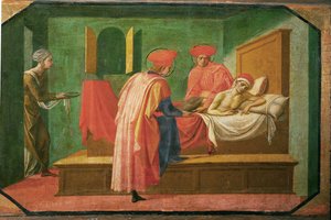 S:t Kosmas och S:t Damianus behandlar en sjuk man ... av Francesco di Stefano Pesellino