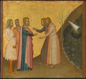 Acteus och Eugenius bönfaller St. Johannes evangelisten att återställa sin rikedom, ca 1370-1380 (tempera och bladguld på panelen)