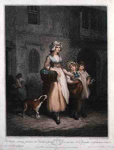"Two Bunches a Penny, Primroses, Two Bunches a Penny", tavla 1 i "The Cries of London", graverad av Luigi Schiavonetti (1765-1810), utgiven av Colnaghi & Co.