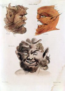 Heads of Evil Demons: Theumis, Asmodeus and The Incubus, illustrationer från "The Magus", pub. 1801 (handfärgad gravyr)