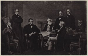 Första behandlingen av Abraham Lincolns Emancipation Proclamation (litho) av Francis Bicknell (after) Carpenter