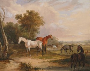 Hästar på bete: en grå hingst betar med ston på en äng av Francis Calcraft Turner