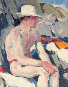Bada i vit hatt (olja på panel) av Francis Campbell Boileau Cadell