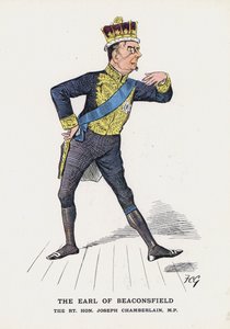 The Earl of Beaconsfield, The Rt Hon Joseph Chamberlain (färg litho) av Francis Carruthers Gould