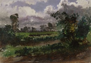 En utsikt över konstnärens trädgård från hans hus i Exmouth, Devonshire (olja på papper monterad på kartong) av Francis Danby