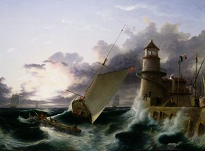 Båt vid en fyr, en storm går av (olja på duk) av Francis Danby