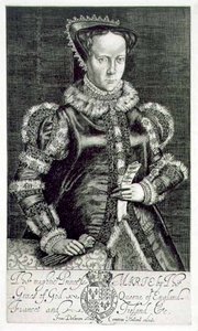 Porträtt av Mary I (1516-58) Hållande bönen av Thomas Hongar, graverad av konstnären, pub. av Compton Holland (gravyr)