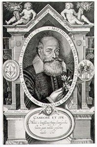 Porträtt av Matthias de Lobel (1538-1622) graverad av konstnären