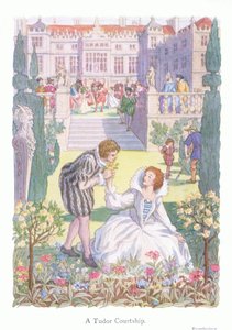 En uppvaktning under Tudortiden (färglitografi) av Francis Donkin Bedford