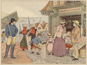 Bedfords bok om butiker: Fiskhandlare (färglitografi) av Francis Donkin Bedford
