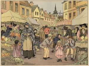 Bedfords bok om butiker: Fruktstånd (färglitografi)