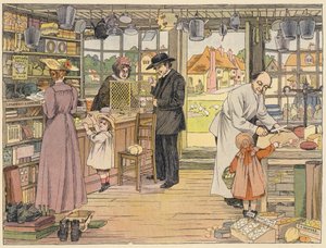 Bedfords bok om butiker: Bybutik (färglitografi) av Francis Donkin Bedford