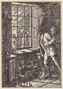 Illustration till Syrsan på härden av Charles Dickens (färglitografi) av Francis Donkin Bedford