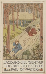 Jack och Jill gick upp för kullen för att hämta en hink med vatten (färglitografi) av Francis Donkin Bedford