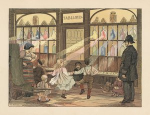 Viktorianska barn dansar framför en apoteksbutik medan en polisman tittar på. Kromolitografi efter en illustration av Francis Donkin Bedford från Edward Verrall Lucas