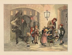 Viktorianska barn äter varma potatisar från potatisgubben. I bakgrunden går människor med paraplyer ombord på en vagn i regnet. Kromolitografi efter en illustration av Francis Donkin Bedford från Edward Verrall Lucas