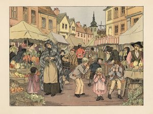 Viktorianska barn äter penny-apelsiner från frukt- och grönsaksstånd på en marknad i Londons East End. Kromolitografi efter en illustration av Francis Donkin Bedford från Edward Verrall Lucas