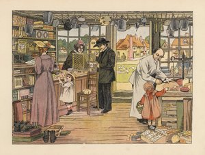 Viktorianska kunder som köper skinka, böcker och postorder i byns butik. Kromolitografi efter en illustration av Francis Donkin Bedford från Edward Verrall Lucas