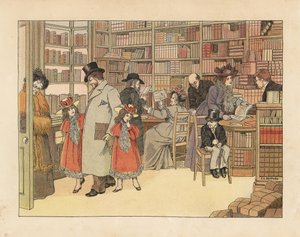 Viktorianska kunder i en bokhandel. Kromolitografi efter en illustration av Francis Dorkin Bedford från Edward Verrall Lucas