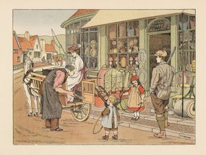 Viktoriansk familj hos Henry Hoop, byns järnhandlare. Kromolitografi efter en illustration av Francis Donkin Bedford från Edward Verrall Lucas