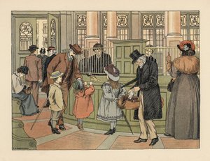 Viktoriansk familj på en bank tar ut pengar från en kassörska med bankgiro. Kromolitografi efter en illustration av Francis Donkin Bedford från Edward Verrall Lucas