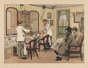 Viktorianska herrar som får håret schamponerat och behandlat med en hårborstmaskin i en frisersalong. Kromolitografi efter en illustration av Francis Donkin Bedford från Edward Verrall Lucas