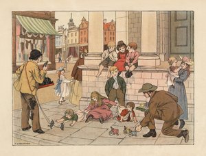 Viktorianska trottoarhandlare säljer pennyleksaker till barn på en gata i London. Kromolitografi efter en illustration av Francis Donkin Bedford från Edward Verrall Lucas