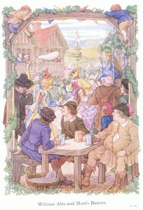 Whitsun ales och Morris-dansare (färglitografi)