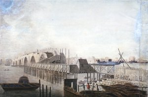 Utsikt över den tillfälliga bron vid Blackfriars, London, 1762