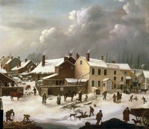 Vinterscen i Brooklyn, detalj av en gata och postkontoret, ca 1817-20 (detalj av 84498)