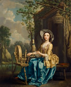 Girl on a spinning wheel (olja på duk) av Francis Hayman