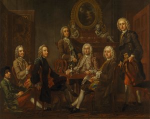 Porträtt av en grupp gentleman, med konstnären av Francis Hayman