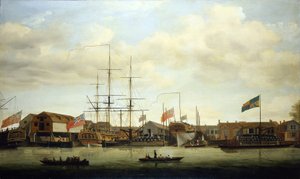Ett litet skeppsvarv vid Themsen (England), med två båtar under konstruktion. Olja på duk