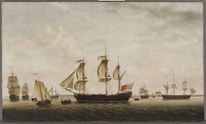 Captain Cooks skepp HMS Resolution and Adventure in the Long Reach, 1772