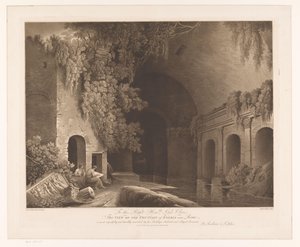 Två tecknare vid Nymphaeum of Egeria i Caffarellaparken nära Rom Utsikt över Egerias fontän nära Rom (titel på objektet)