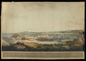 Södervy av Corunna från höjderna nära klostret St. Margaret, graverad av H. Merke, publicerad 1809 (färgad akvatint) av Francis Lee