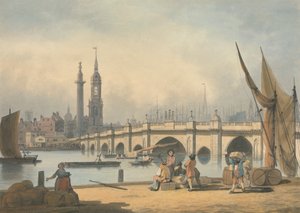 London Bridge och monumentet av Francis Nicholson